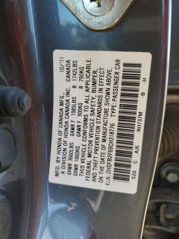 2012 Honda Civic VIN 2HGFB2F69CH318776 Copart auction photo, side / front end damage thumbnail 13