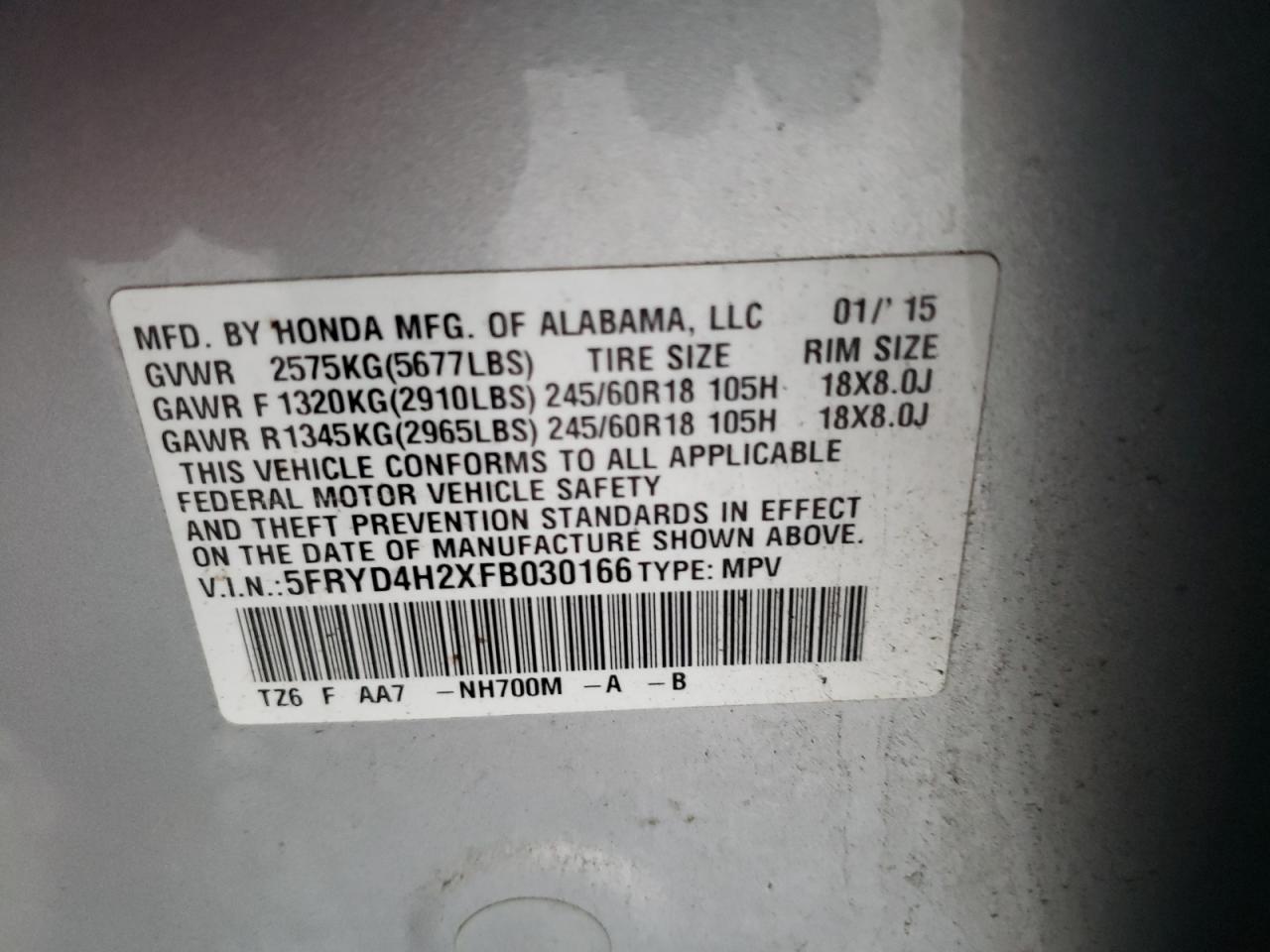2015 Acura MDX VIN 5FRYD4H2XFB030166 Copart auction photo, rear end / minor dent/scratches damage thumbnail 13