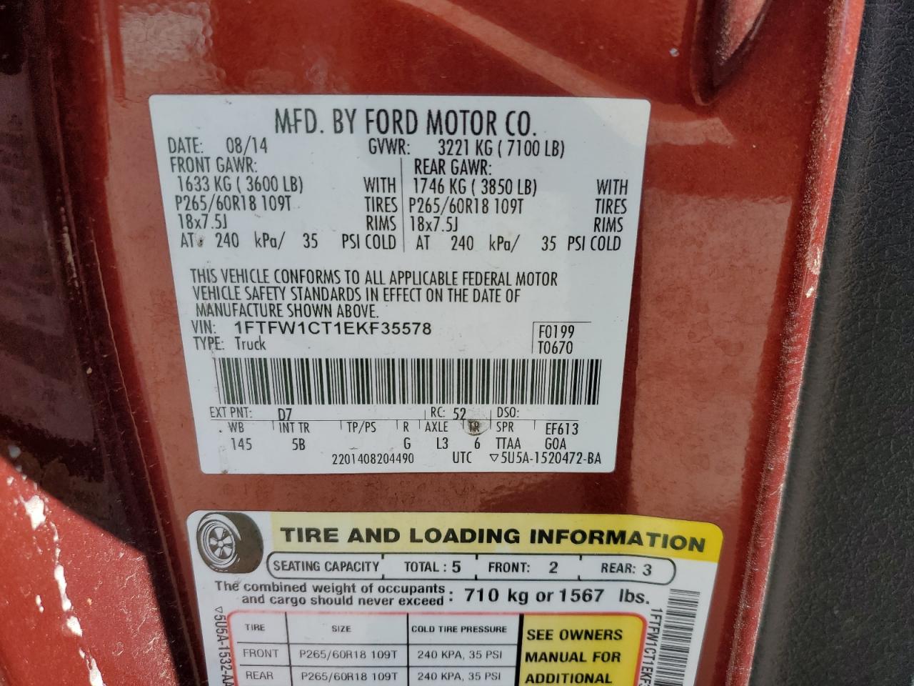 2014 Ford F-150 VIN 1FTFW1CT1EKF35578 Copart auction photo, top/roof damage thumbnail 12