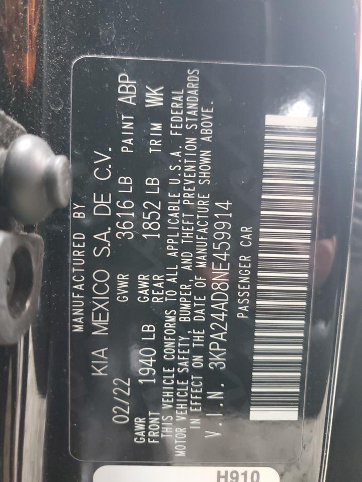 2022 KIA Rio VIN 3KPA24AD8NE459914 Copart auction photo, rear end / side damage thumbnail 12