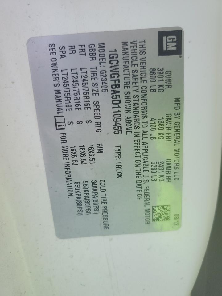2013 Chevrolet Express VIN 1GCWGFBA5D1109455 Copart auction photo, front end damage thumbnail 13