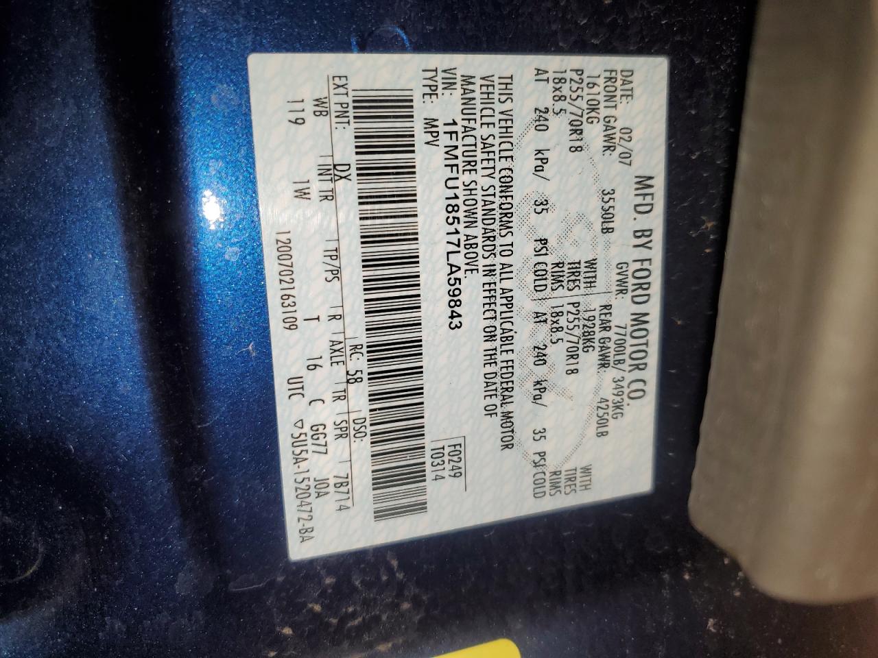 2007 Ford Expedition VIN 1FMFU18517LA59843 Copart auction photo, front end damage thumbnail 13