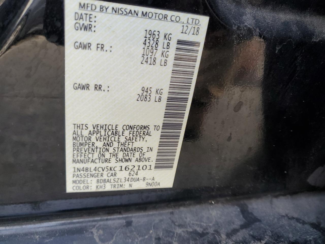 2019 Nissan Altima VIN 1N4BL4CV5KC162101 Copart auction photo, front end damage thumbnail 12