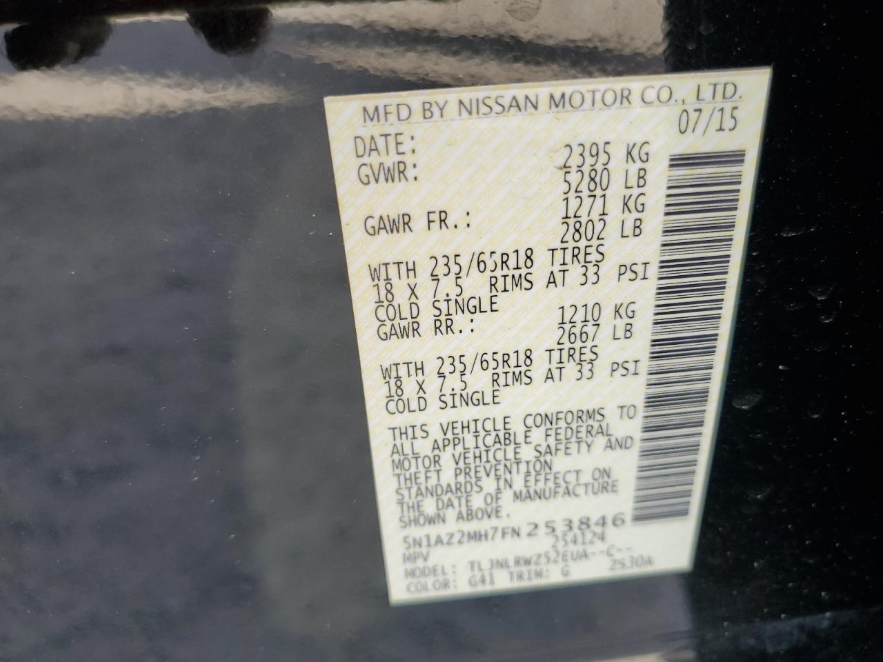 2015 Nissan Murano VIN 5N1AZ2MH7FN253846 Copart auction photo, water/flood damage thumbnail 14