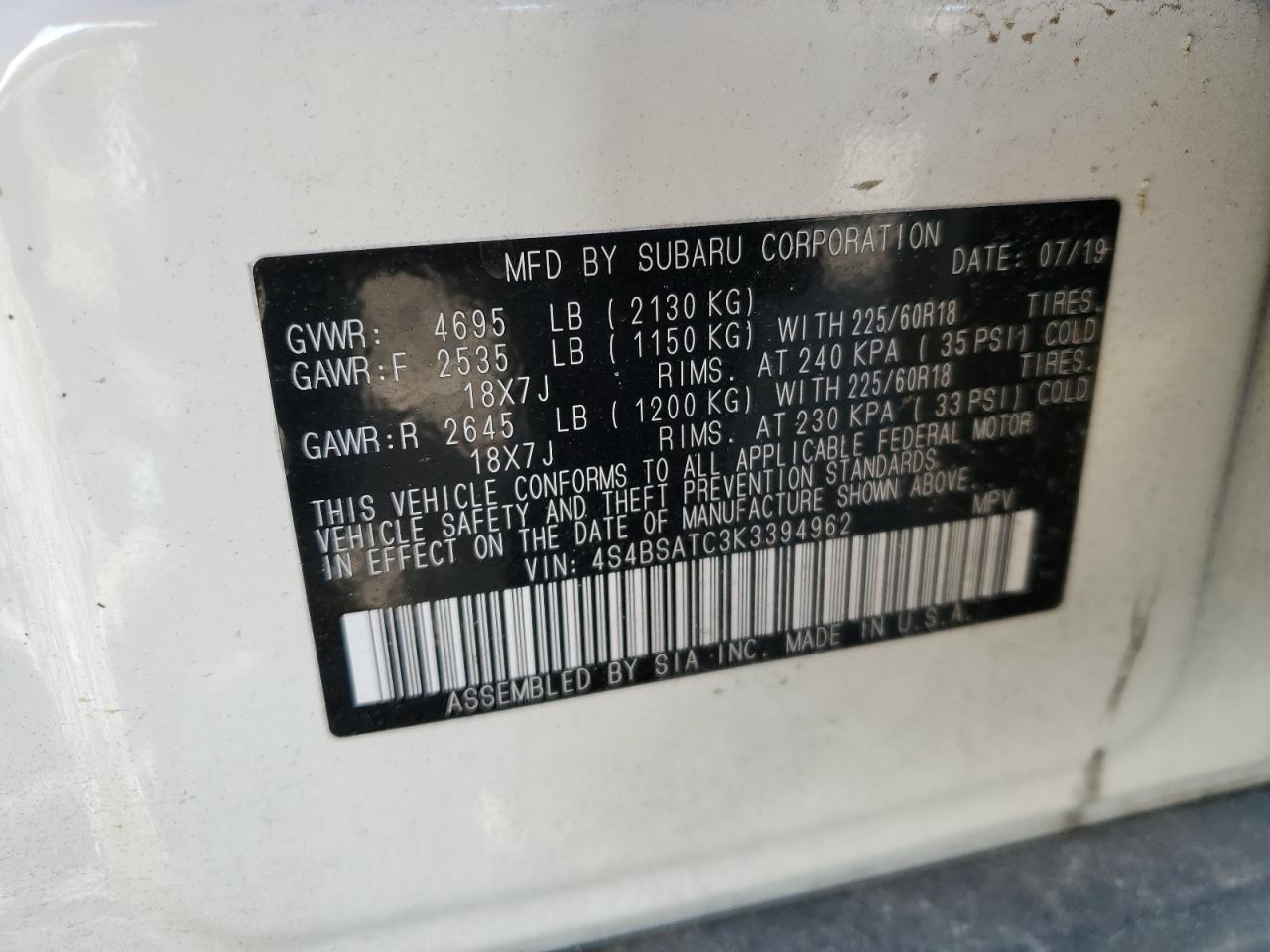 2019 Subaru Outback VIN 4S4BSATC3K3394962 Copart auction photo, front end damage thumbnail 15