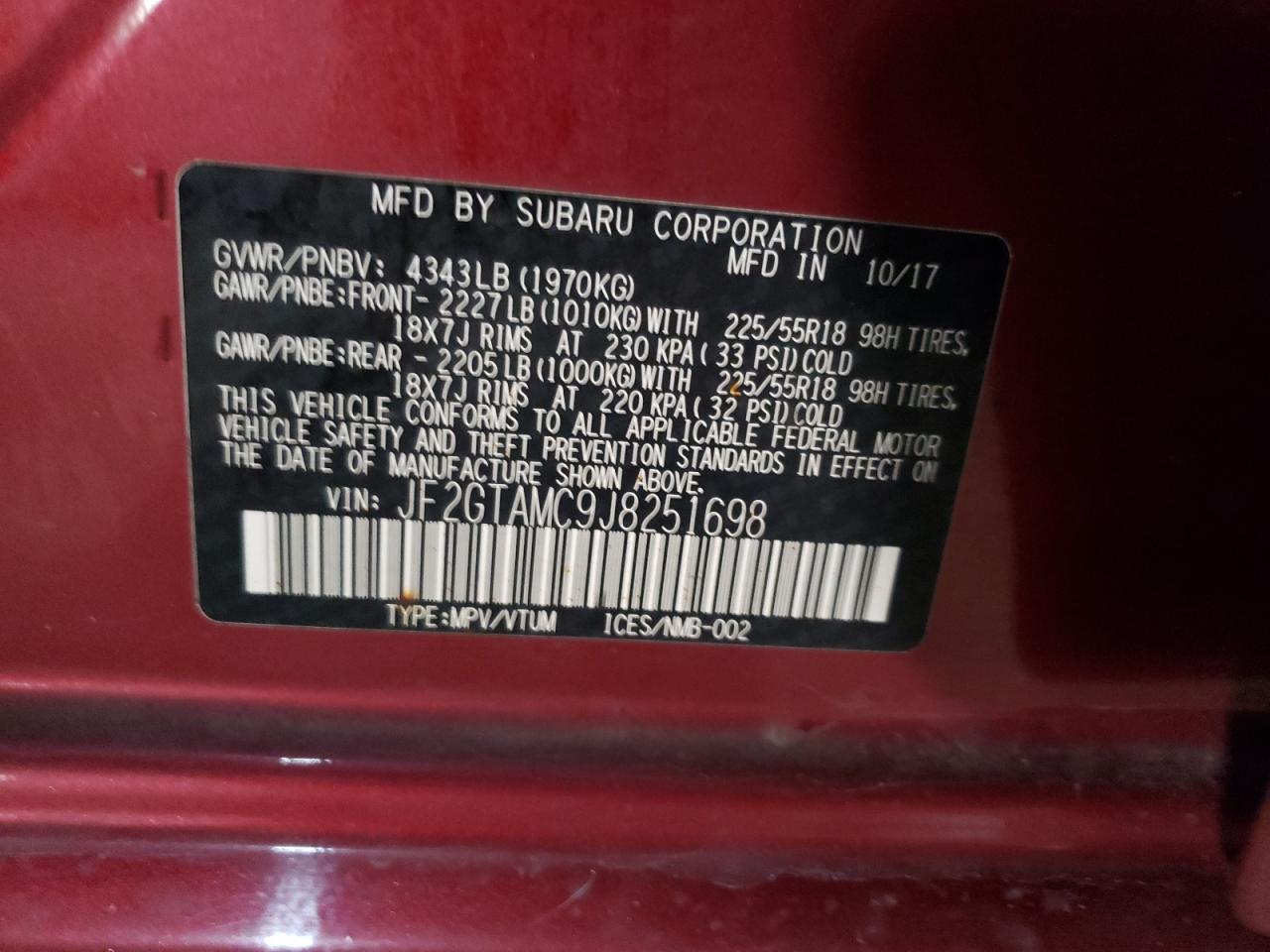2018 Subaru XV VIN JF2GTAMC9J8251698 Copart auction photo, rear end / minor dent/scratches damage thumbnail 13