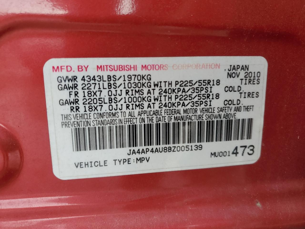2011 Mitsubishi Outlander VIN JA4AP4AU8BZ005139 Copart auction photo, front end damage thumbnail 13