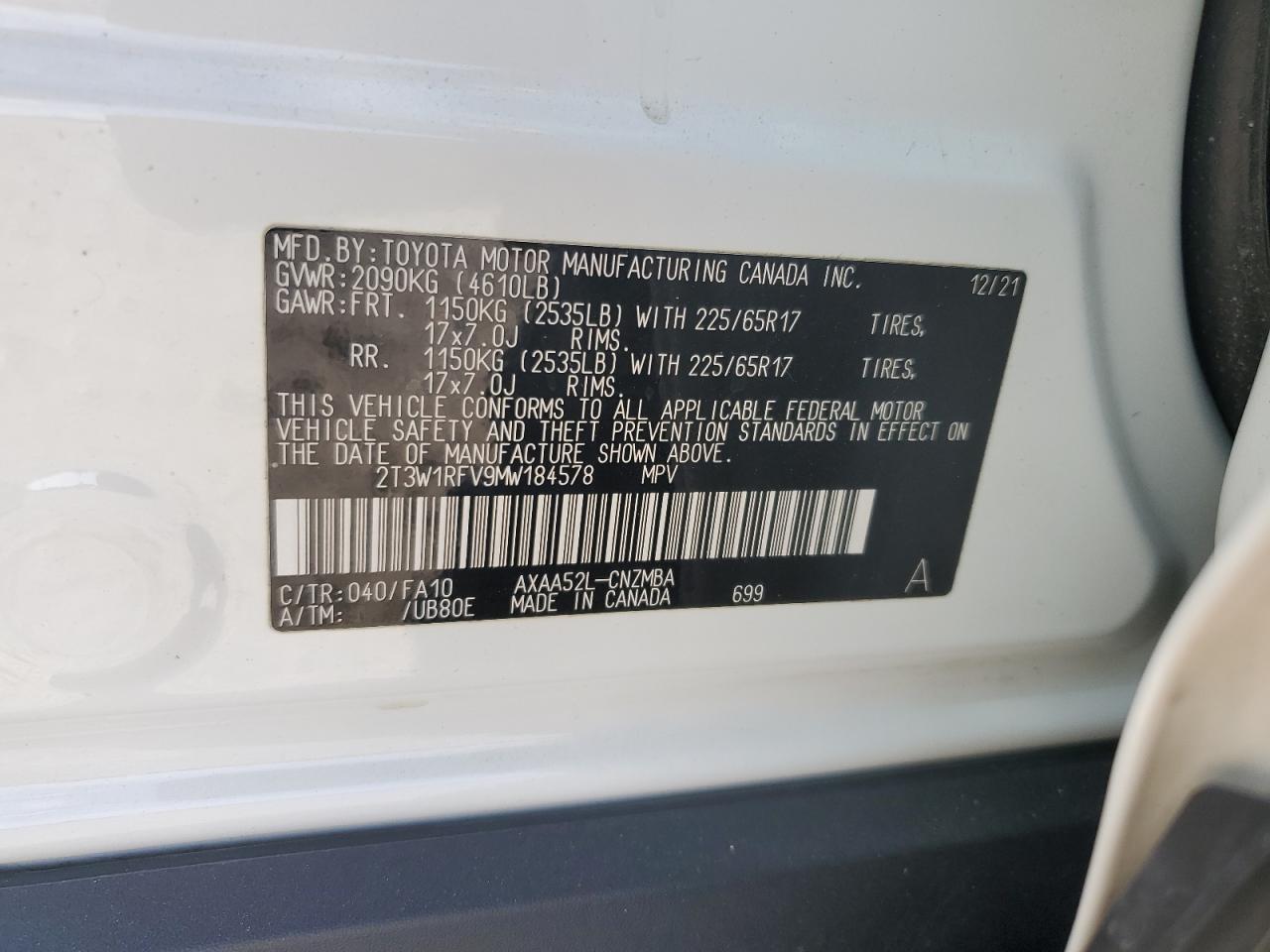 2021 Toyota RAV 4 VIN 2T3W1RFV9MW184578 Copart auction photo, side damage thumbnail 15
