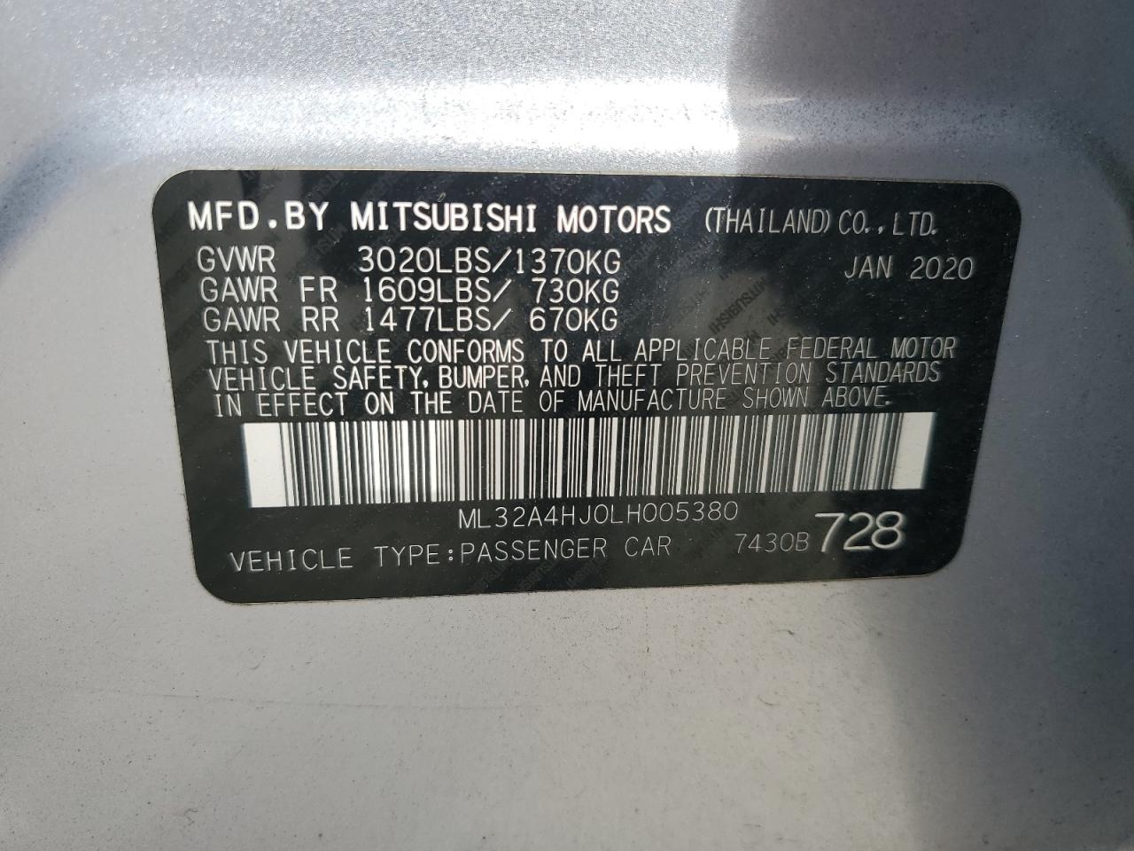 2020 Mitsubishi Mirage VIN ML32A4HJ0LH005380 Copart auction photo, front end / side damage thumbnail 12
