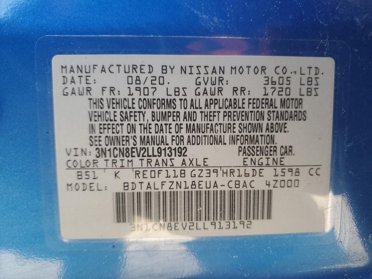 2020 Nissan Versa VIN 3N1CN8EV2LL913192 Copart auction photo, front end / minor dent/scratches damage thumbnail 12