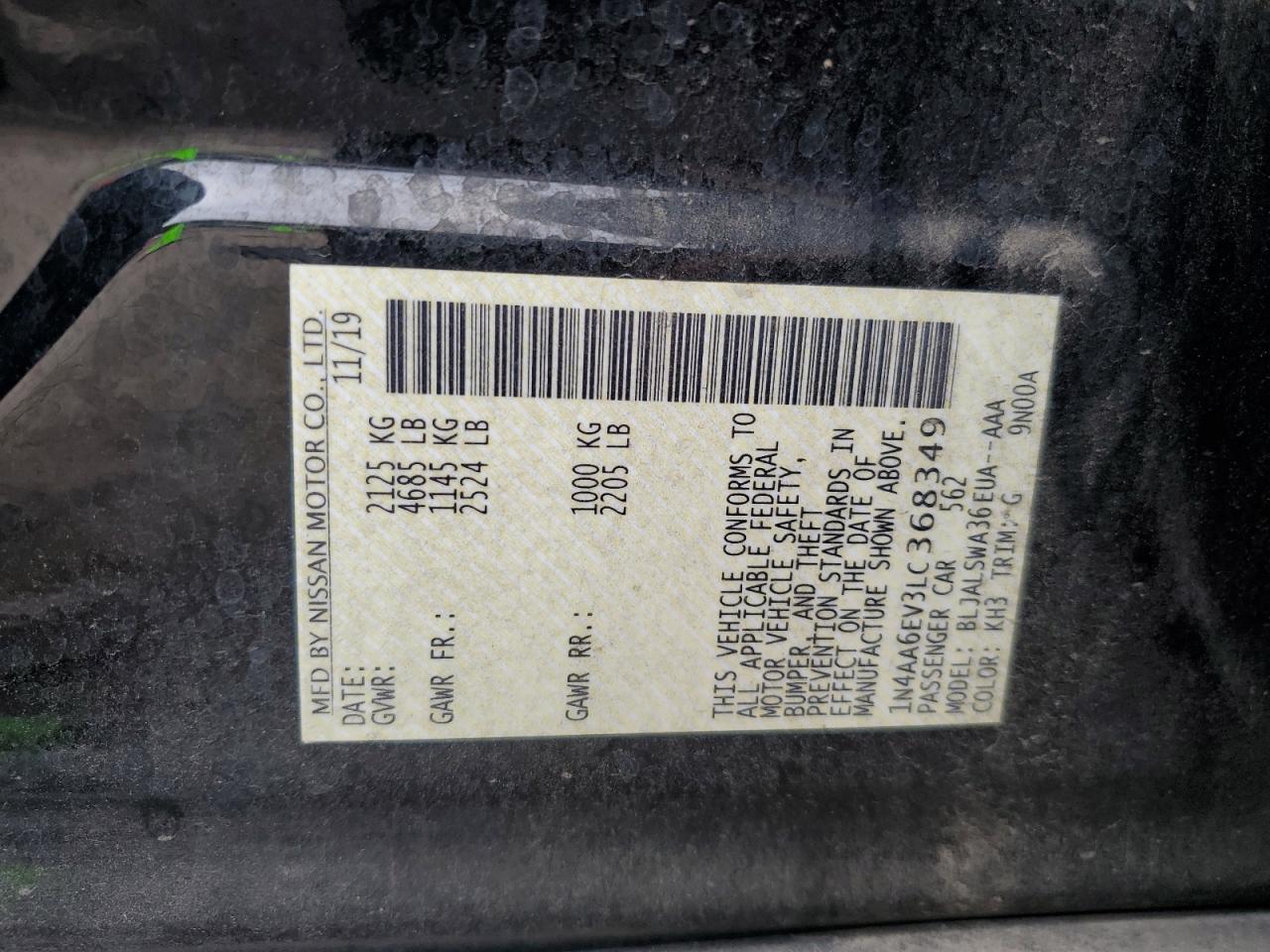 2020 Nissan Maxima VIN 1N4AA6EV3LC368349 Copart auction photo, front end / stripped damage thumbnail 15