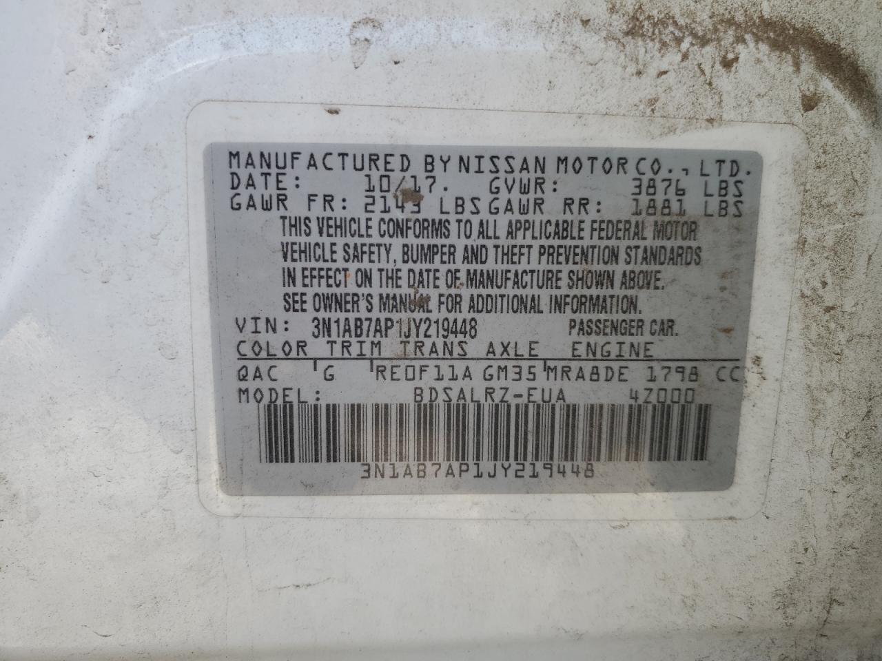 2018 Nissan Sentra VIN 3N1AB7AP1JY219448 Copart auction photo, front end / side damage thumbnail 13
