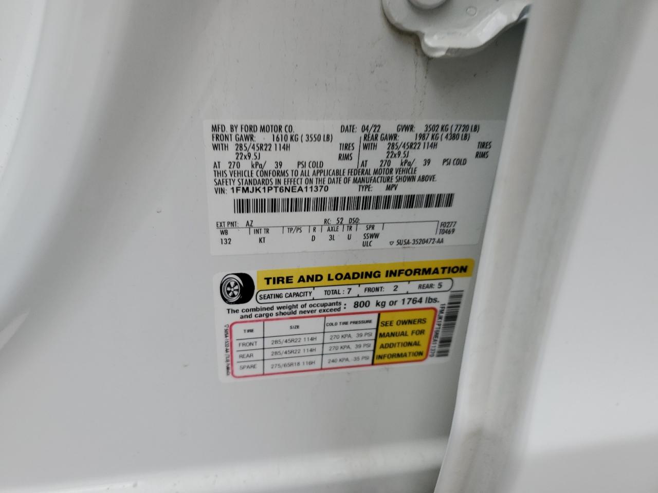 2022 Ford Expedition VIN 1FMJK1PT6NEA11370 Copart auction photo, front end / rear end damage thumbnail 14