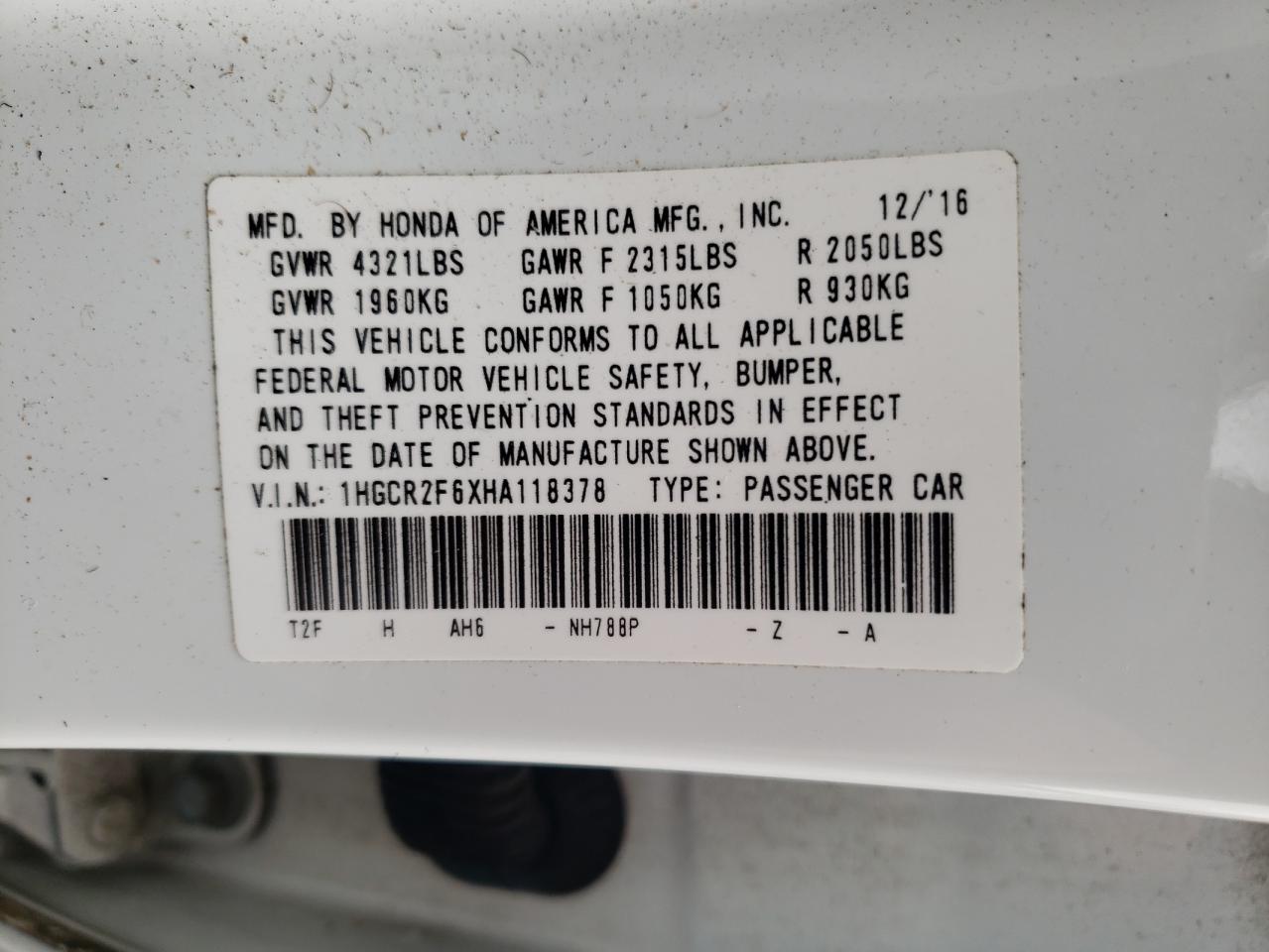 2017 Honda Accord VIN 1HGCR2F6XHA118378 Copart auction photo, rear end damage thumbnail 12