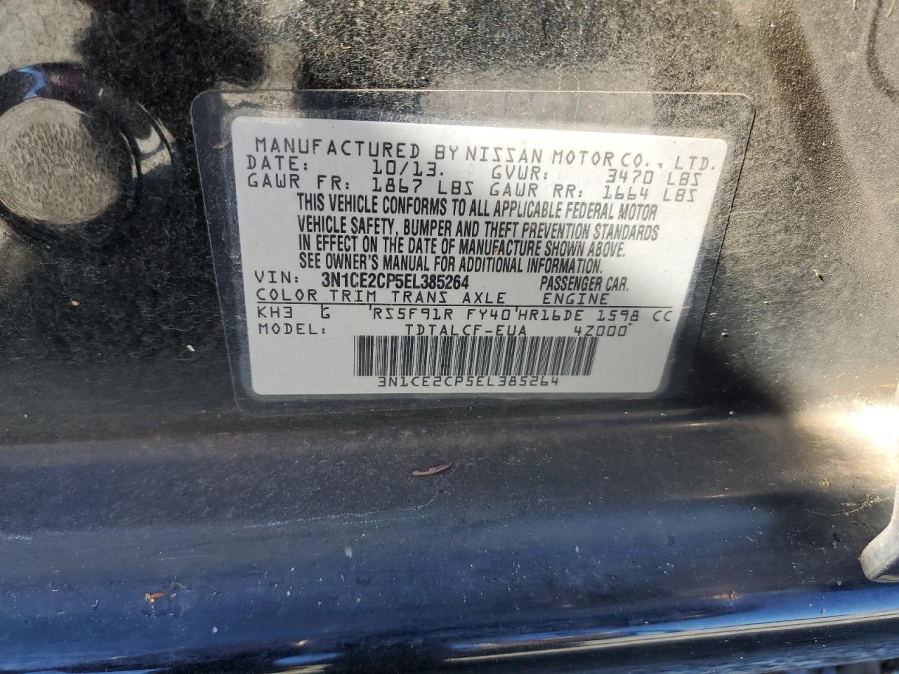 2014 Nissan Versa VIN 3N1CE2CP5EL385264 Copart auction photo, front end / rear end damage thumbnail 12