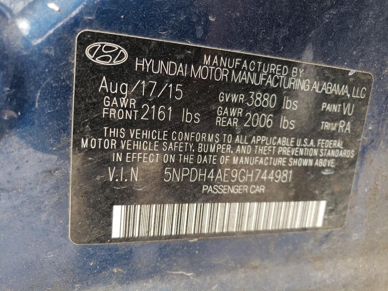 2016 Hyundai Elantra VIN 5NPDH4AE9GH744981 Copart auction photo, rear end damage thumbnail 14