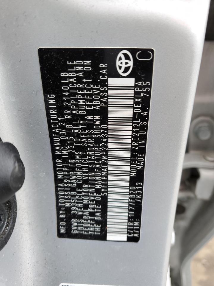 2021 Toyota Corolla VIN 5YFEPMAE2MP224370 Copart auction photo, front end damage thumbnail 12
