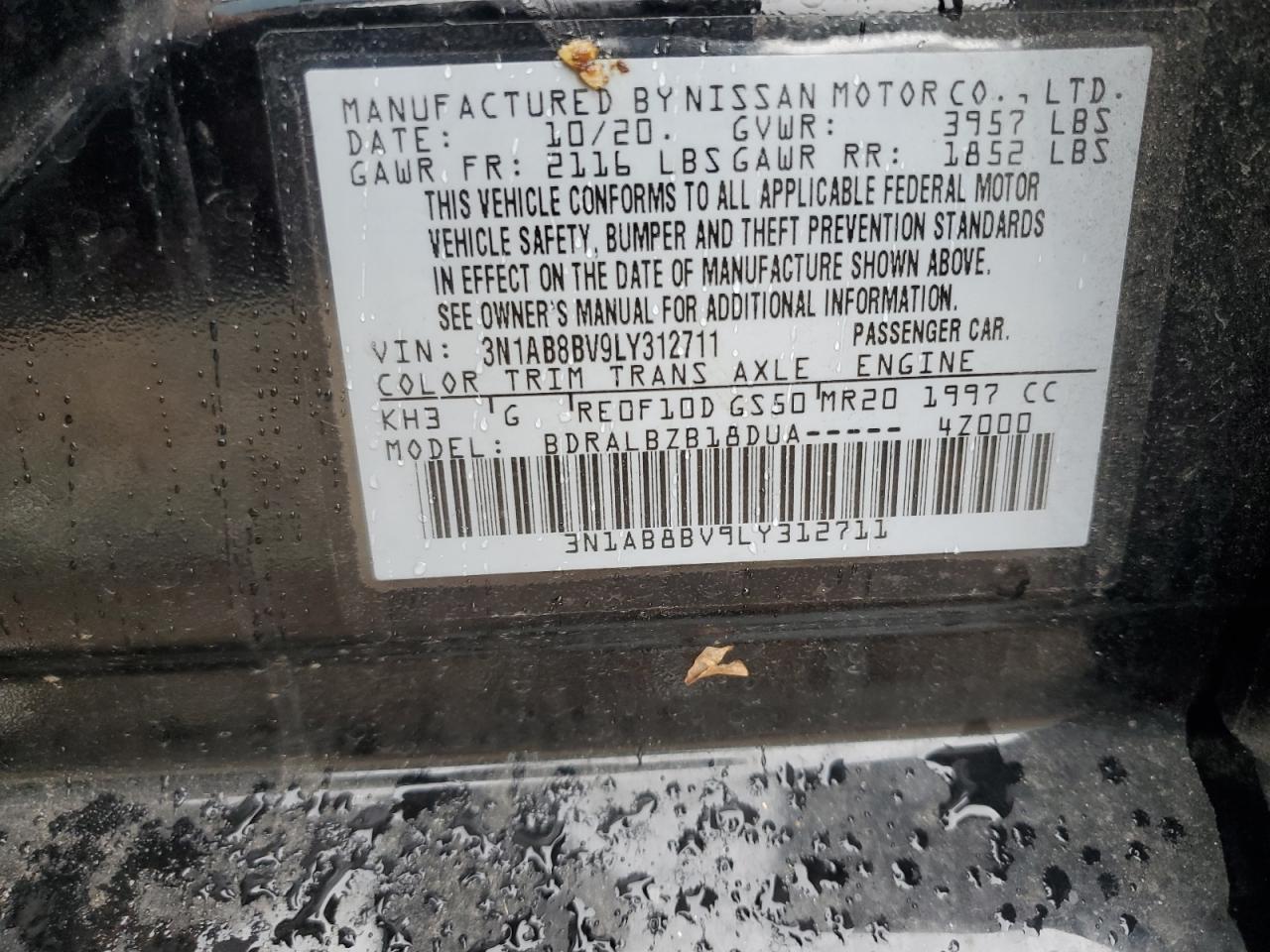 2020 Nissan Sentra VIN 3N1AB8BV9LY312711 Copart auction photo, side damage thumbnail 12