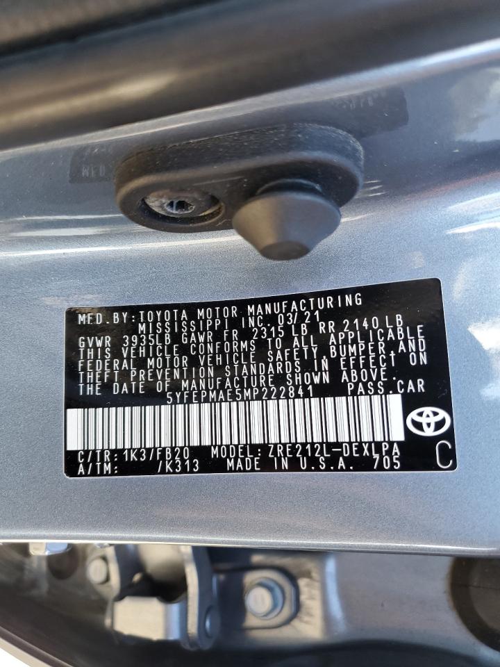 2021 Toyota Corolla VIN 5YFEPMAE5MP222841 Copart auction photo, front end / side damage thumbnail 12