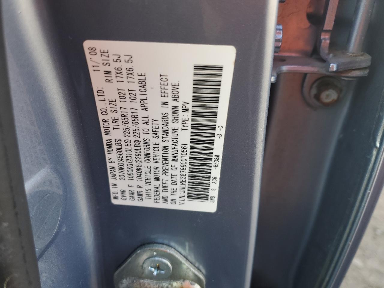 2009 Honda CR-V VIN JHLRE38789C010561 Copart auction photo, front end damage thumbnail 16