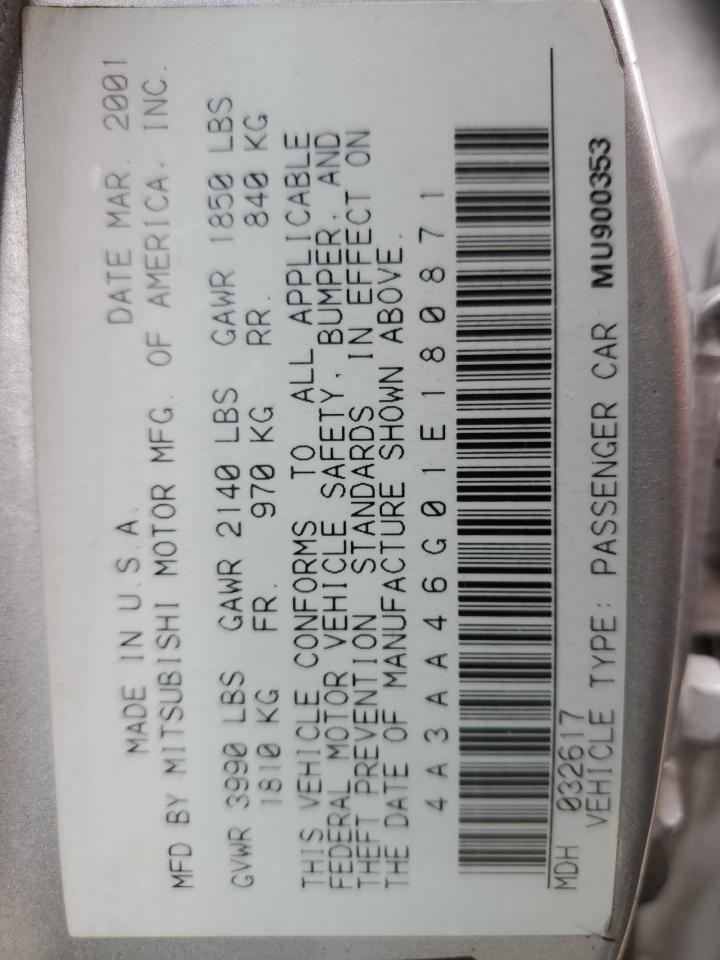 2001 Mitsubishi Galant VIN 4A3AA46G01E180871 Copart auction photo, front end / all over damage thumbnail 14