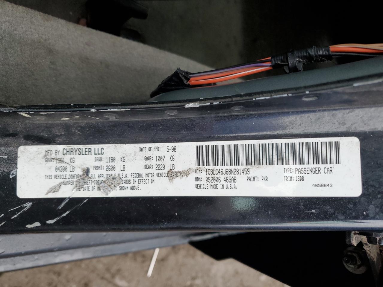 2008 Chrysler Sebring VIN 1C3LC46J68N281459 Copart auction photo, front end / rear end damage thumbnail 13