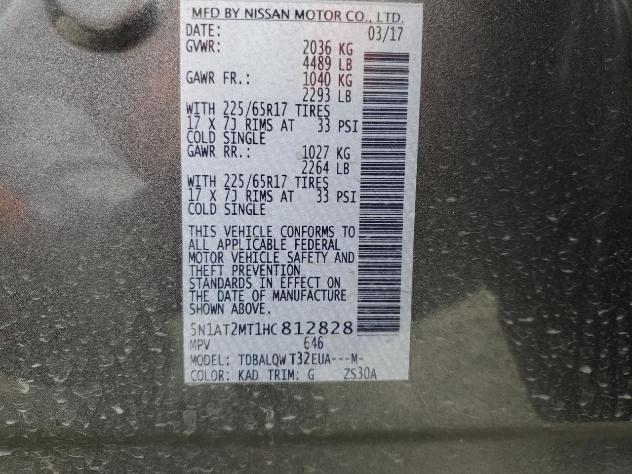 2017 Nissan Rogue VIN 5N1AT2MT1HC812828 Copart auction photo, front end damage thumbnail 12