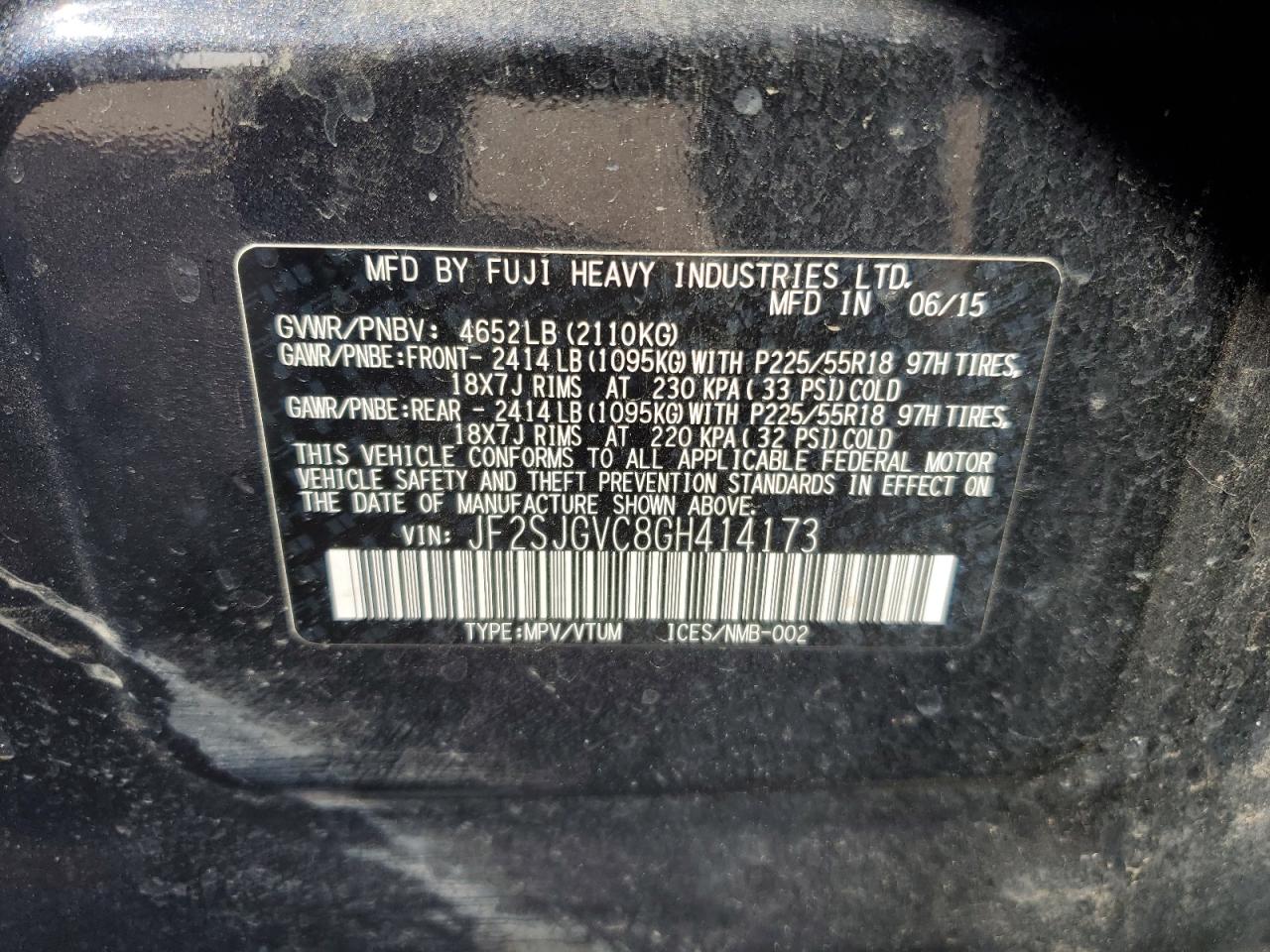 2016 Subaru Forester VIN JF2SJGVC8GH414173 Copart auction photo, front end / side damage thumbnail 13