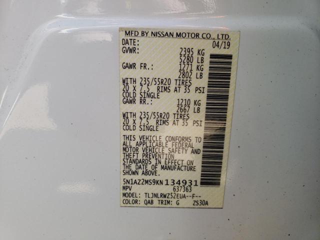 2019 Nissan Murano VIN 5N1AZ2MS9KN134931 Copart auction photo, front end / mechanical damage thumbnail 14