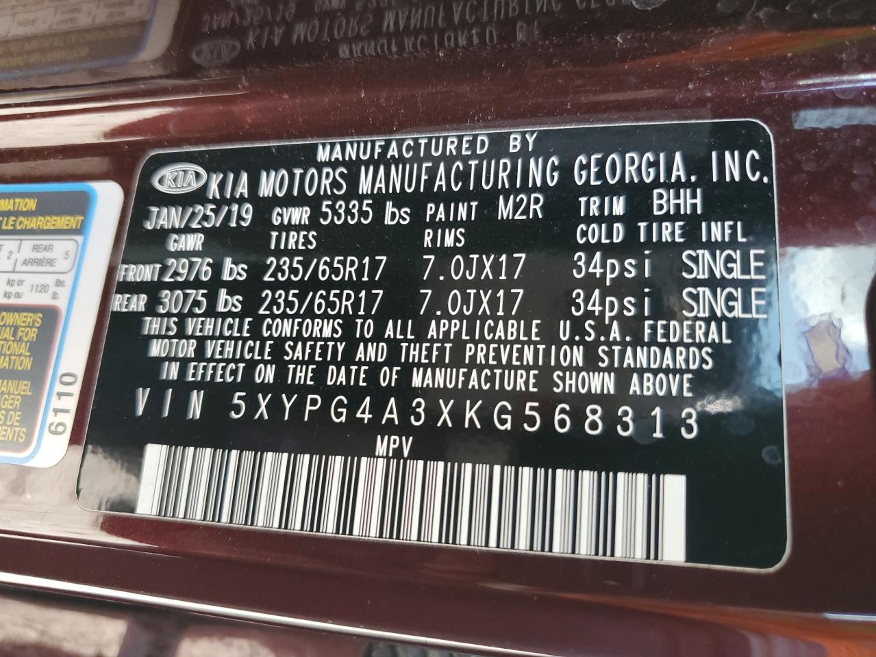 2019 KIA Sorento VIN 5XYPG4A3XKG568313 Copart auction photo, front end damage thumbnail 15