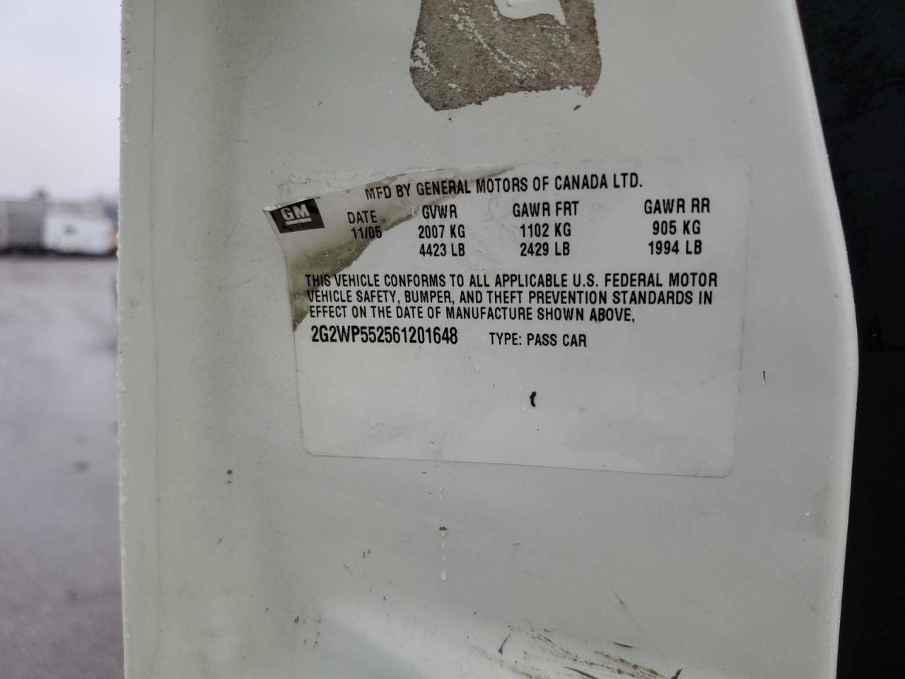 2006 Pontiac Grand Prix VIN 2G2WP552561201648 Copart auction photo, front end / side damage thumbnail 12
