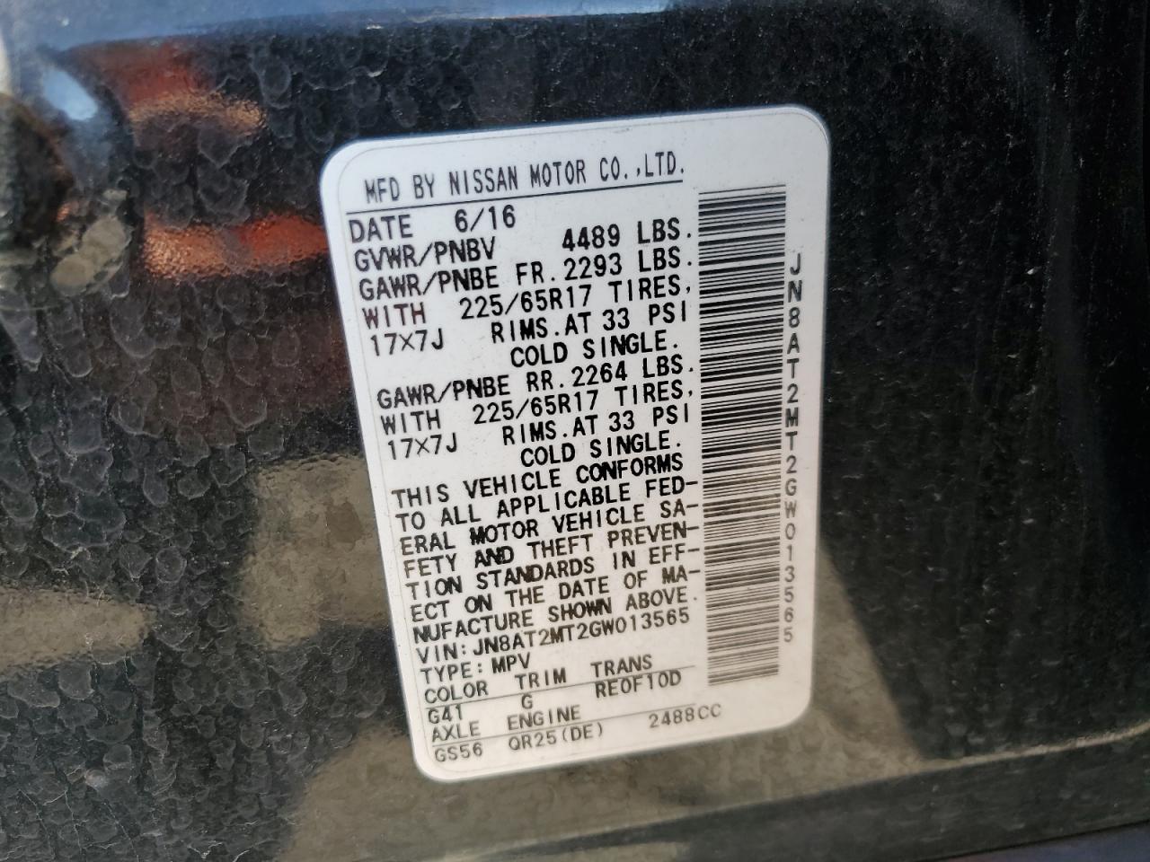 2016 Nissan Rogue VIN JN8AT2MT2GW013565 Copart auction photo, front end / minor dent/scratches damage thumbnail 16