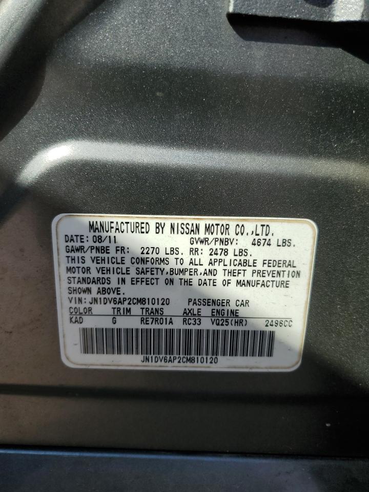 2012 Infiniti G VIN JN1DV6AP2CM810120 Copart auction photo, vandalism damage thumbnail 12