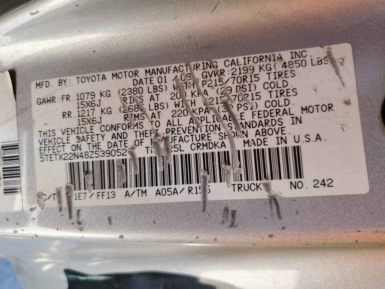 2008 Toyota Tacoma VIN 5TETX22N48Z539052 Copart auction photo, all over damage thumbnail 12
