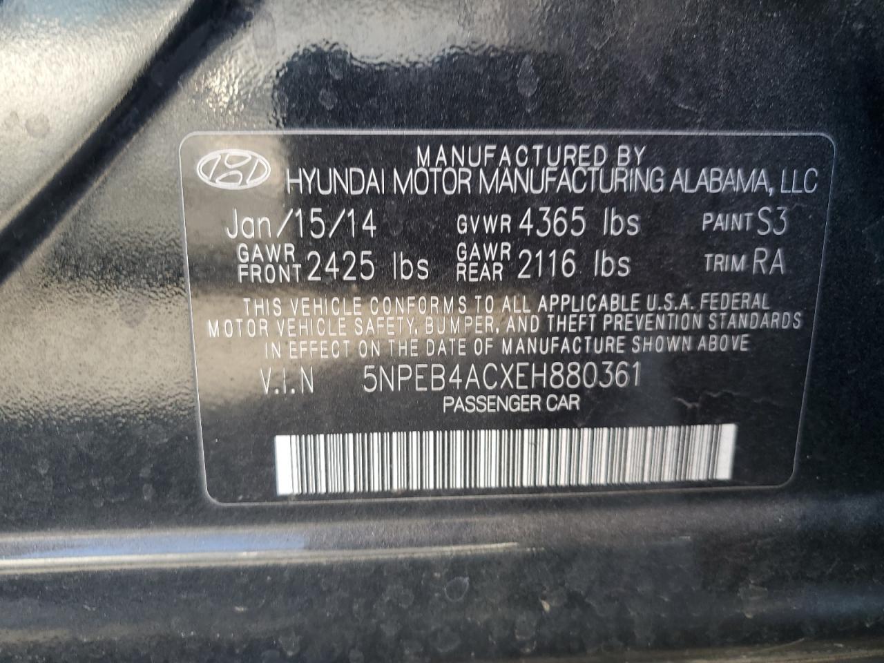 2014 Hyundai Sonata VIN 5NPEB4ACXEH880361 Copart auction photo, all over damage thumbnail 12