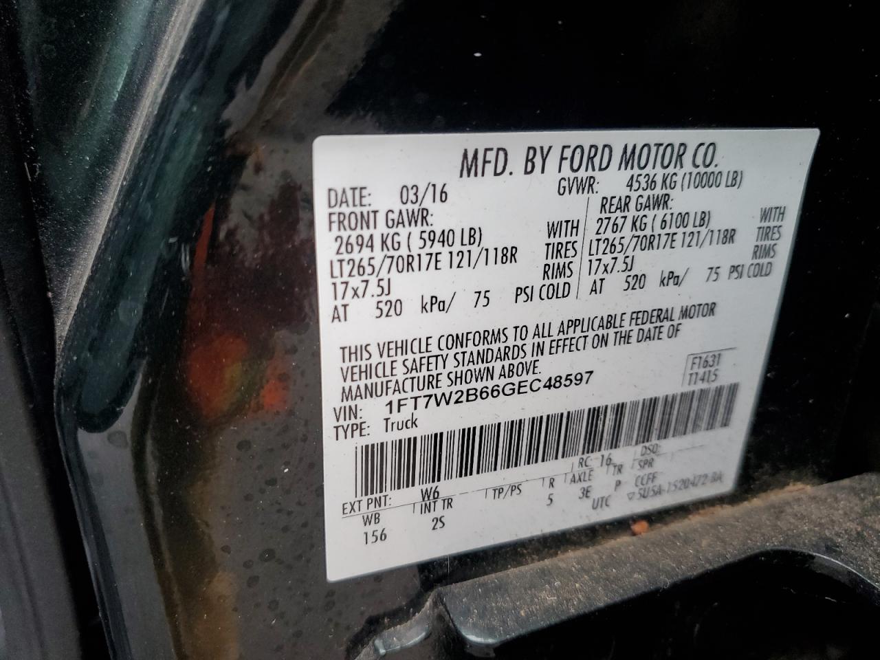 2016 Ford F250 VIN 1FT7W2B66GEC48597 Copart auction photo, rear end damage thumbnail 14