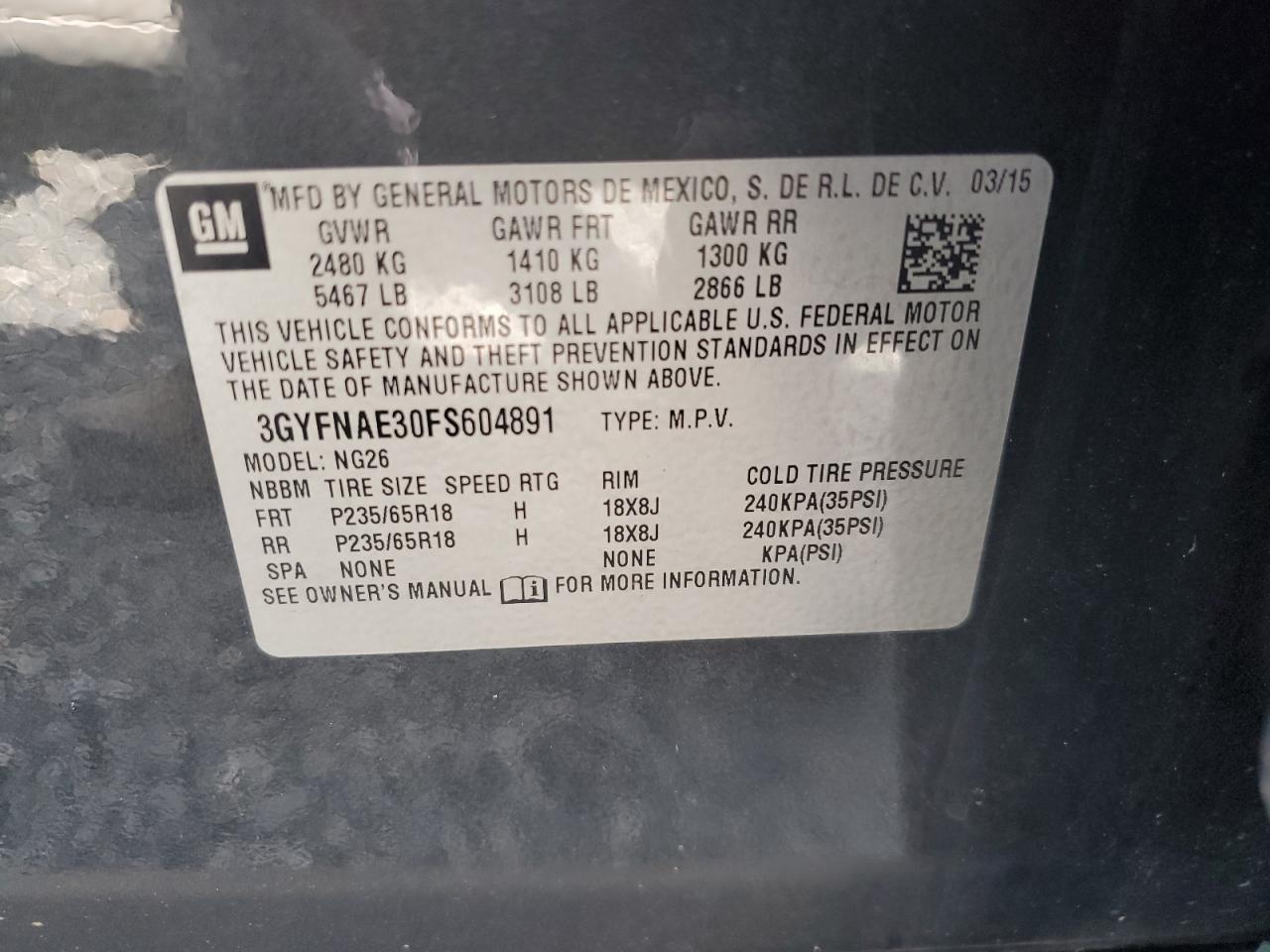 2015 Cadillac SRX VIN 3GYFNAE30FS604891 Copart auction photo, water/flood damage thumbnail 14