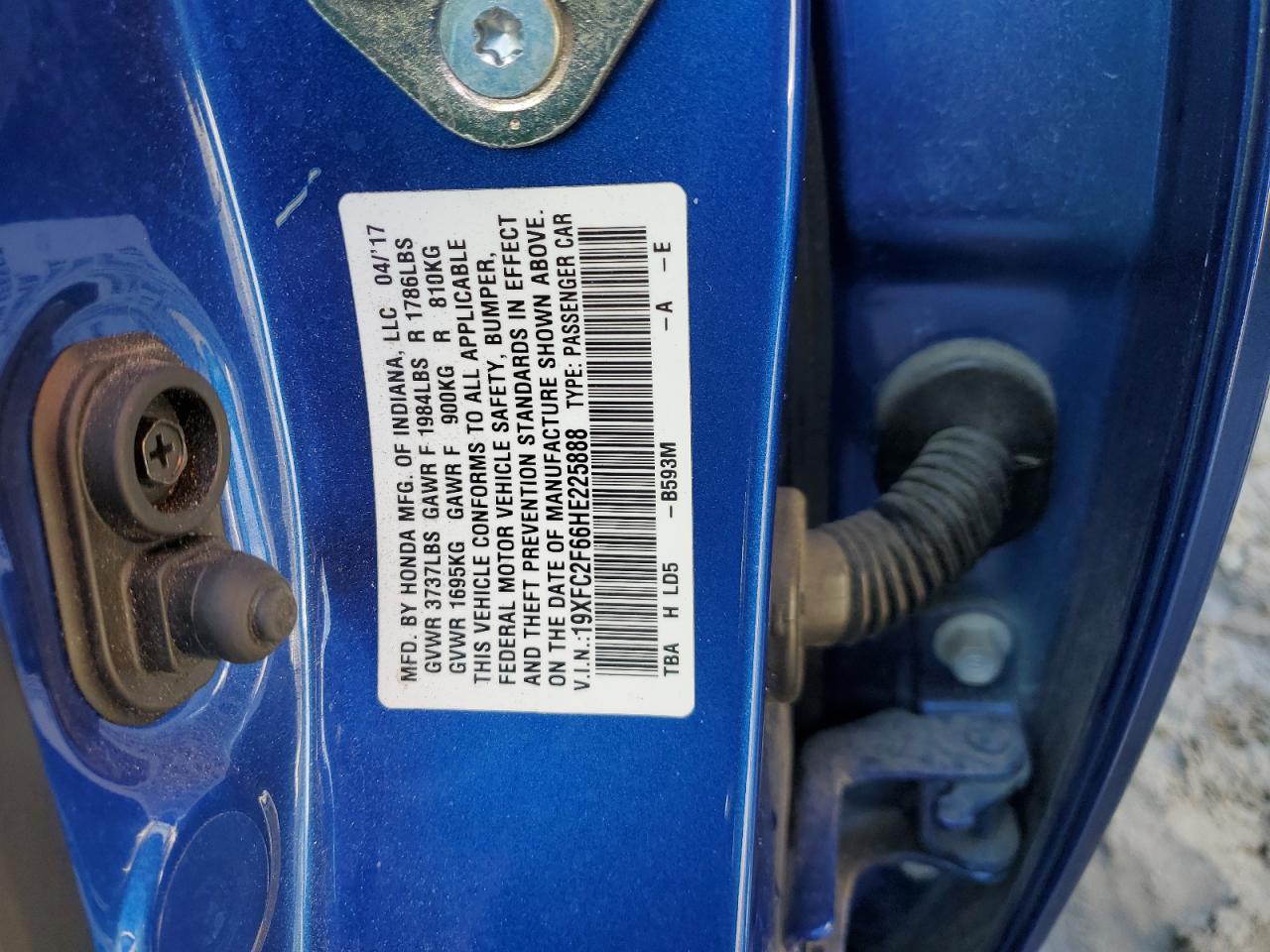 2017 Honda Civic VIN 19XFC2F66HE225888 Copart auction photo, side / front end damage thumbnail 12