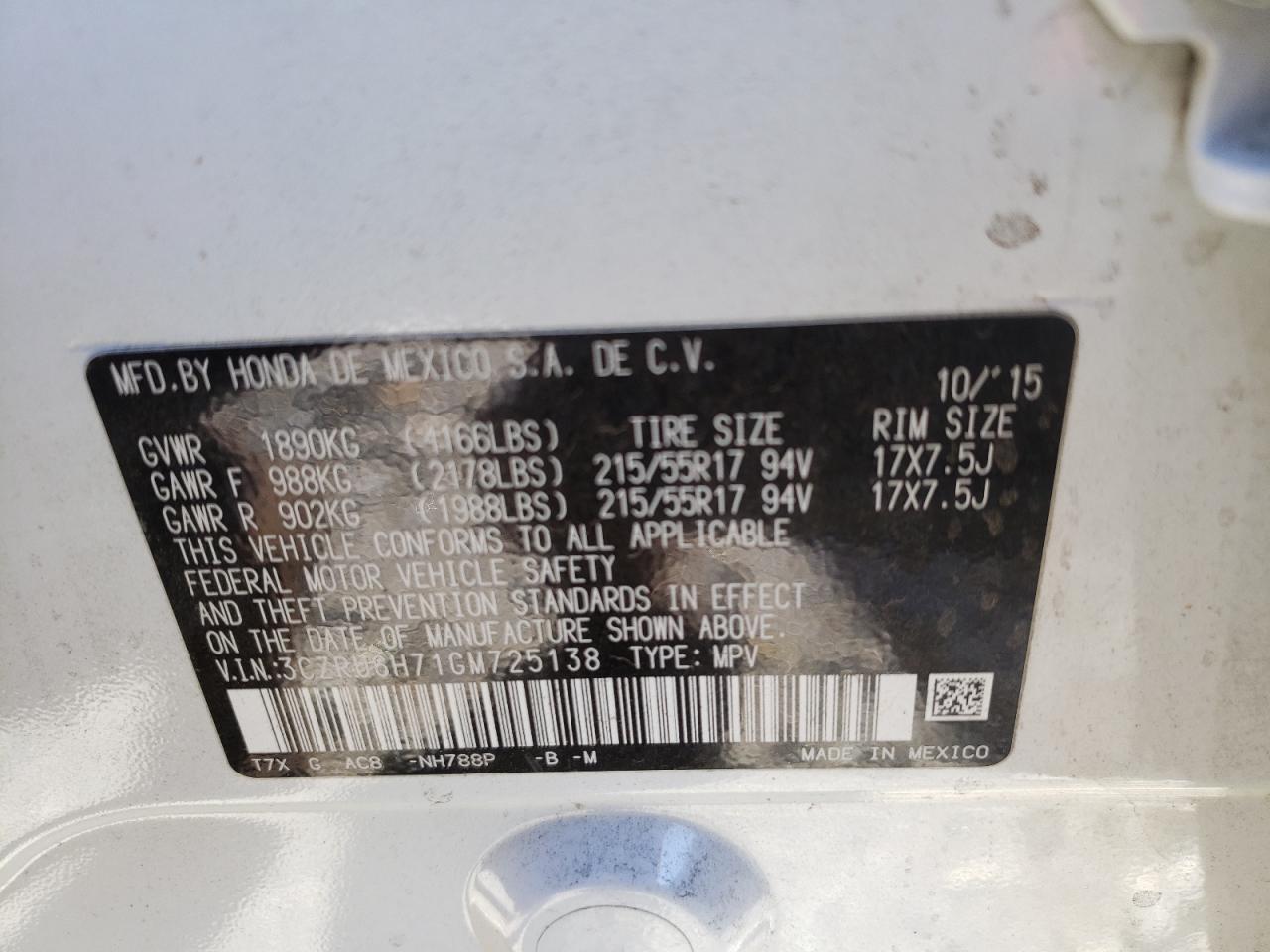 2016 Honda HR-V VIN 3CZRU6H71GM725138 Copart auction photo, side / front end damage thumbnail 13