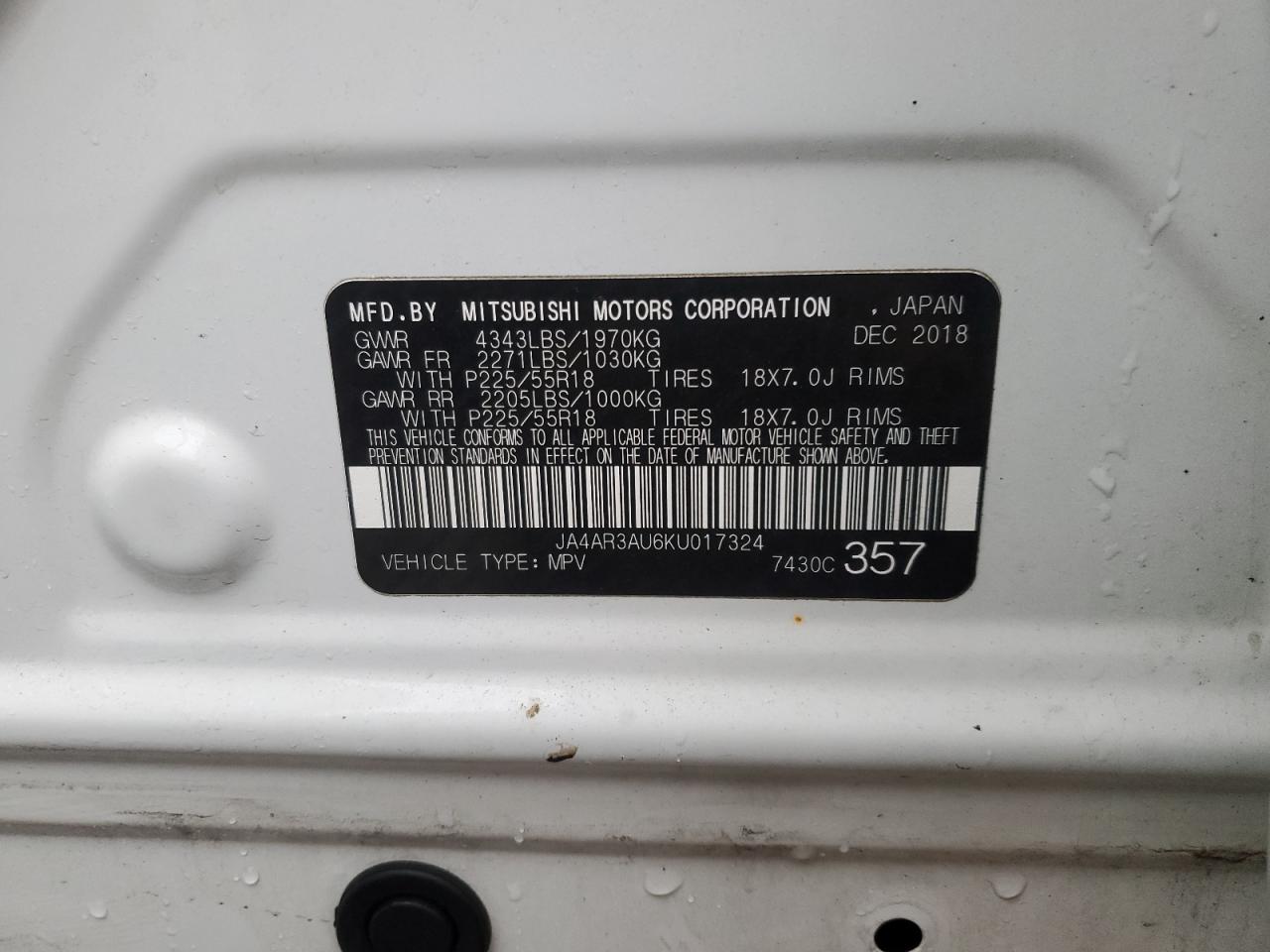 2019 Mitsubishi Outlander VIN JA4AR3AU6KU017324 Copart auction photo, front end damage thumbnail 13