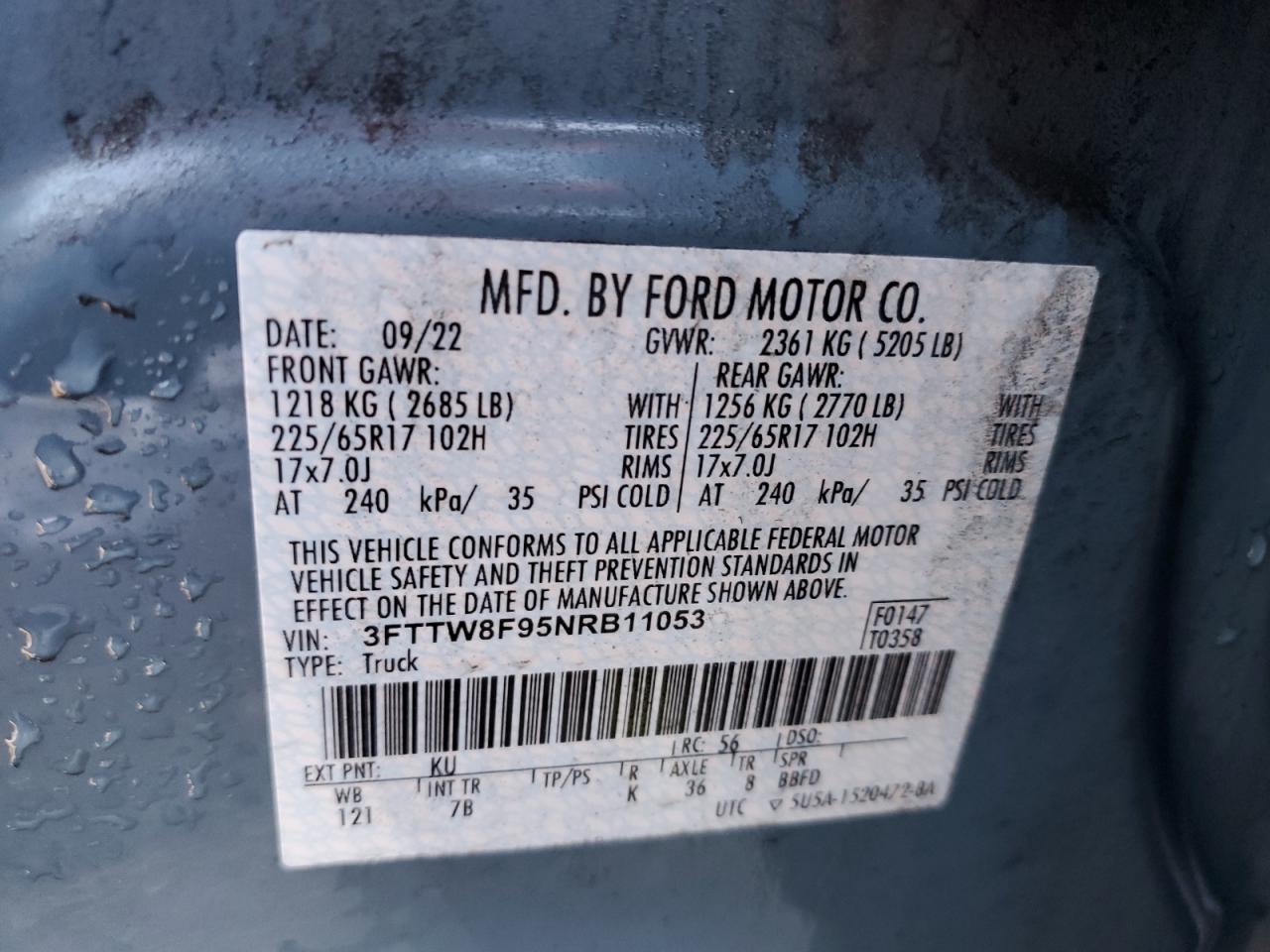2022 Ford Maverick VIN 3FTTW8F95NRB11053 Copart auction photo, rear end damage thumbnail 12