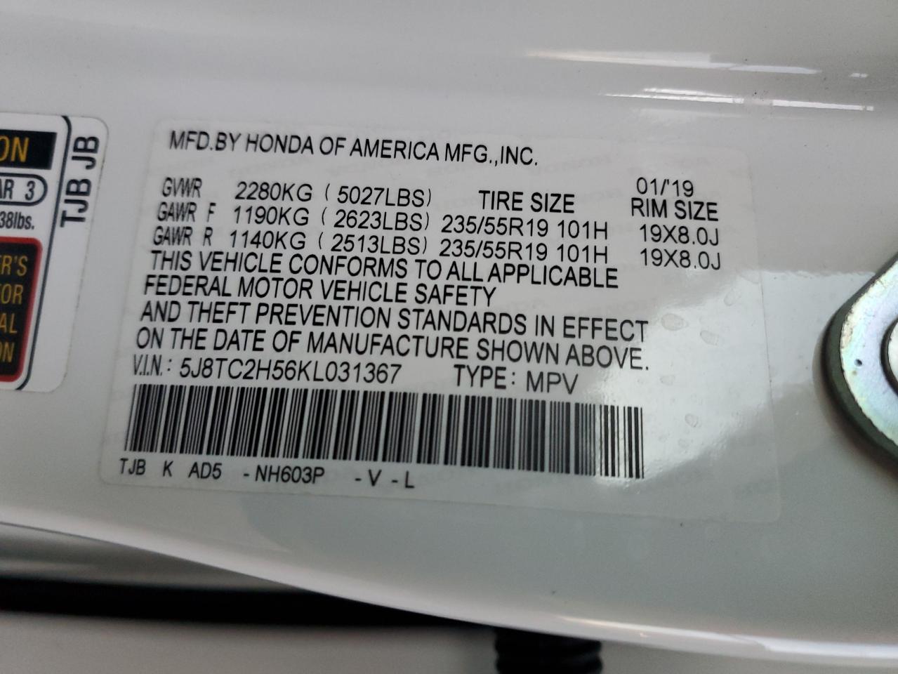 2019 Acura RDX VIN 5J8TC2H56KL031367 Copart auction photo, side / rear end damage thumbnail 13