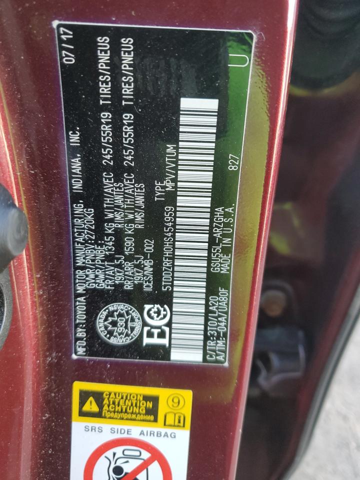 2017 Toyota Highlander VIN 5TDDZRFH0HS454959 Copart auction photo, front end damage thumbnail 14