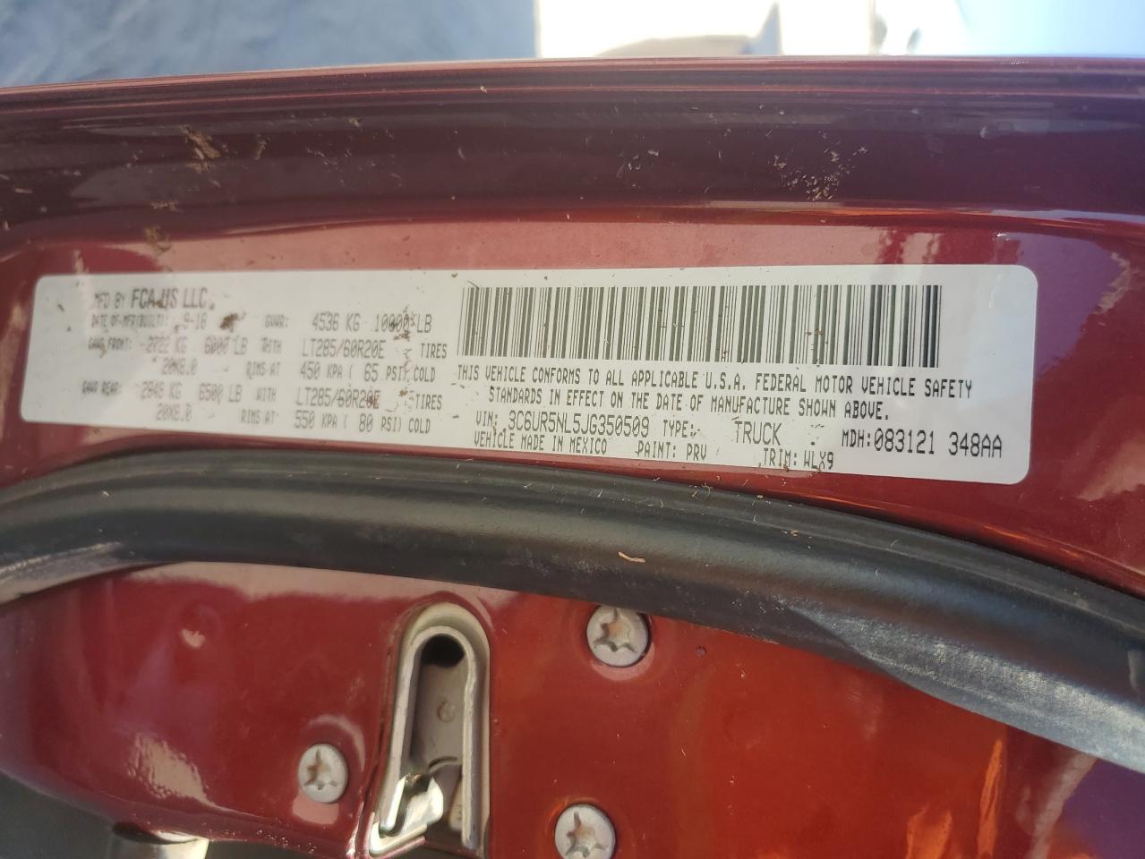 2018 RAM 2500 VIN 3C6UR5NL5JG350509 Copart auction photo, water/flood damage thumbnail 12