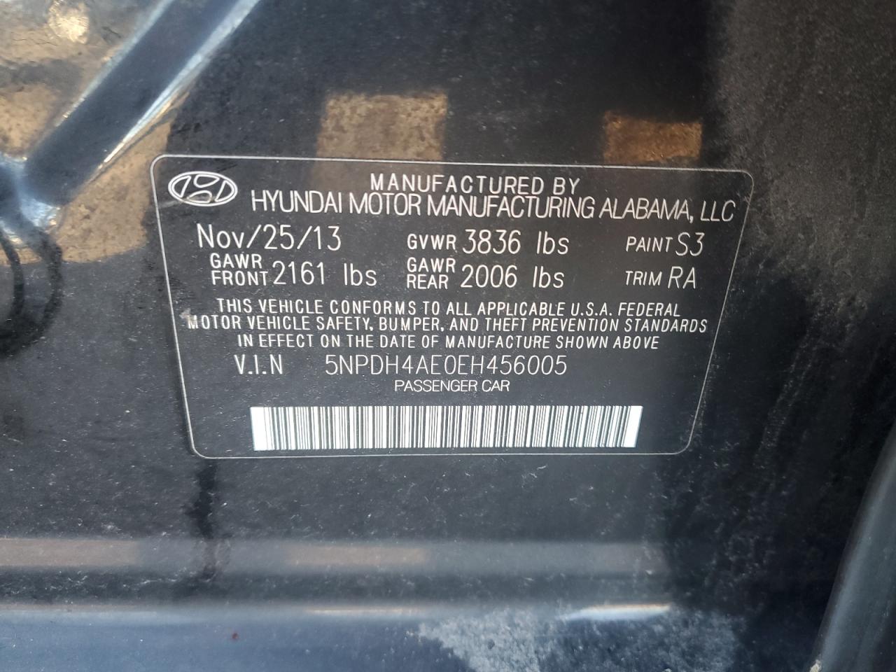 2014 Hyundai Elantra VIN 5NPDH4AE0EH456005 Copart auction photo, rear end / front end damage thumbnail 12