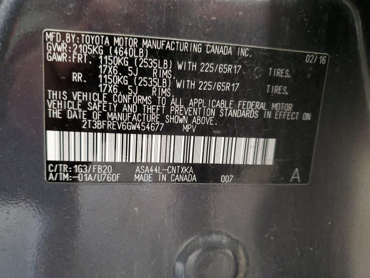 2016 Toyota RAV 4 VIN 2T3BFREV6GW454677 Copart auction photo, rear end / front end damage thumbnail 15