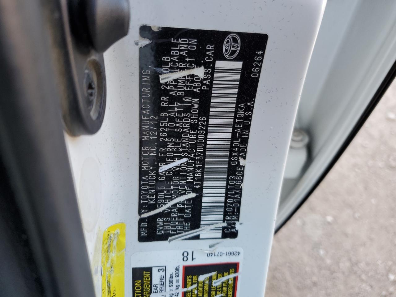 2013 Toyota Avalon VIN 4T1BK1EB7DU009226 Copart auction photo, all over damage thumbnail 12