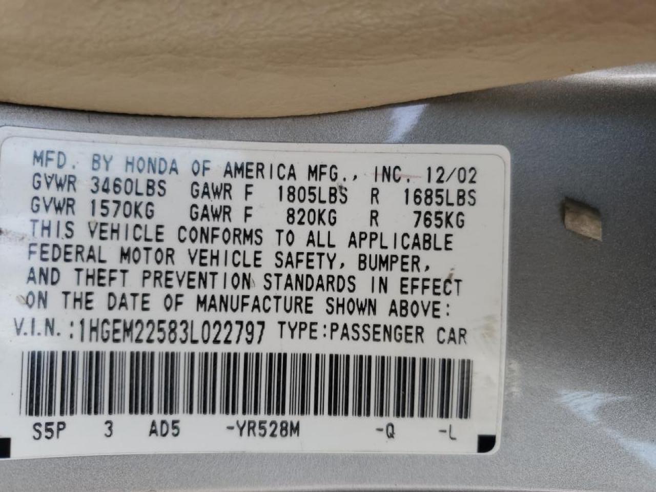 2003 Honda Civic VIN 1HGEM22583L022797 Copart auction photo, front end damage thumbnail 12