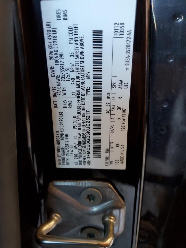 2019 Ford Escape VIN 1FMCU0GD6KUC25217 Copart auction photo, front end / hail damage thumbnail 13