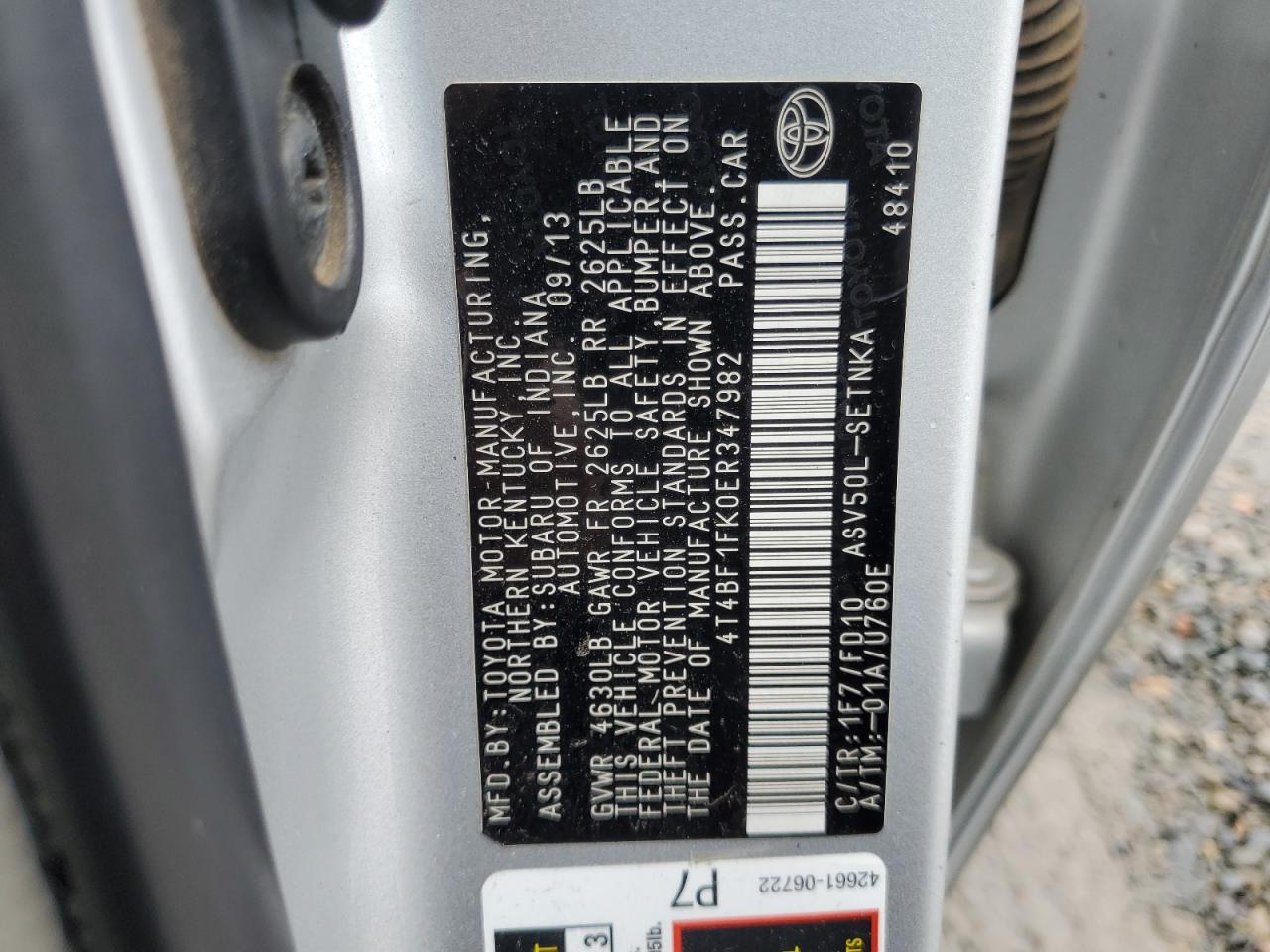 2014 Toyota Camry VIN 4T4BF1FK0ER347982 Copart auction photo, all over damage thumbnail 12
